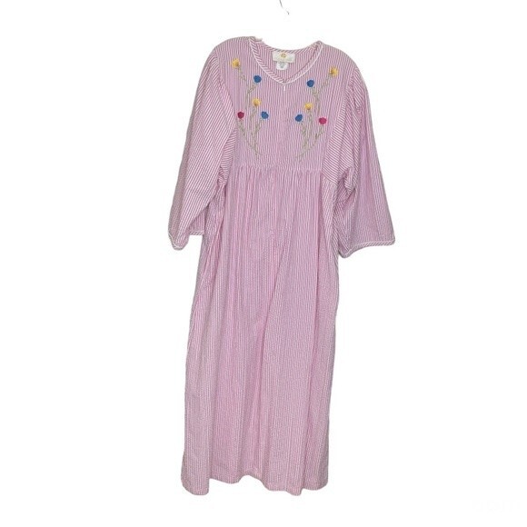 STAN HERMAN Pink White Stripe House Dress Robe Seersucker Embroidered Size Large - Picture 4 of 10